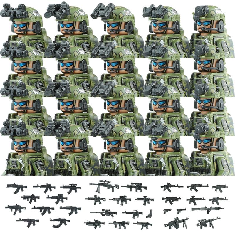 20PCS Military Army Figures Building Blocks SWAT Ghost Commando US Russia Special Forces Soldier Weapons Shield Belt Bricks Toys