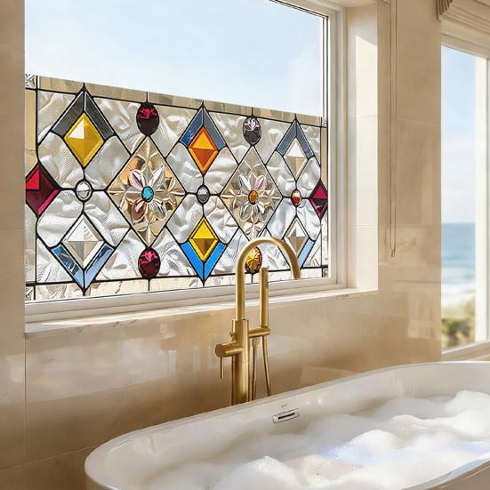 Stained Glass Effect Window Film Geometric Pattern Decorative Static Cling UV Block Heat Control Vintage Rainbow Window Sticker for Living