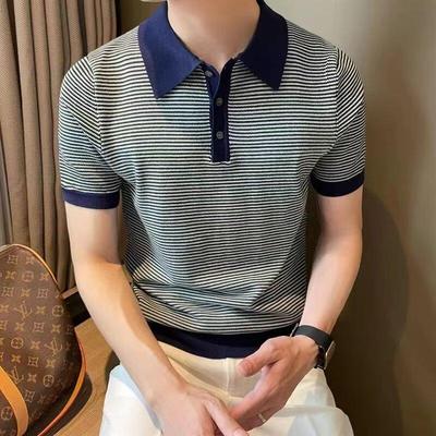 Camisa Polo Rayada de Seda de Hielo Estilo Europeo para Hombre