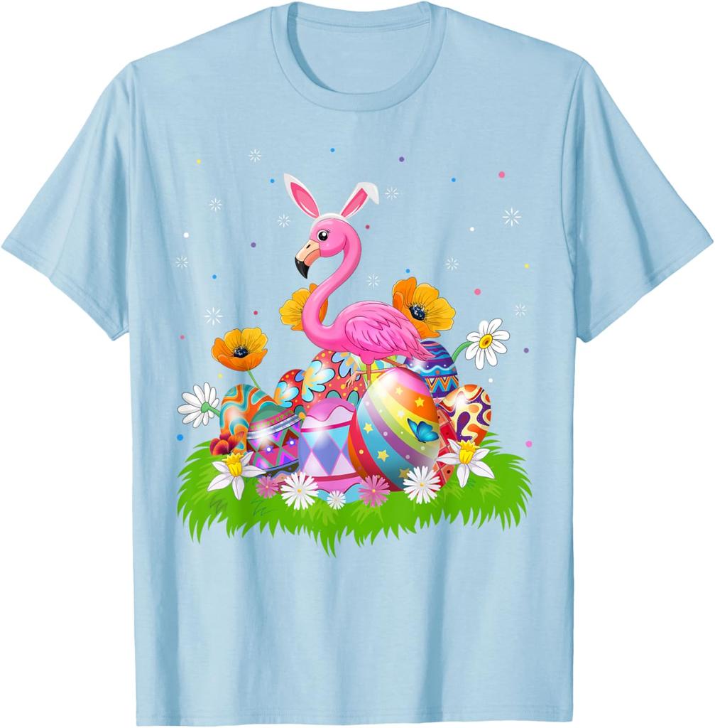 Flamingo Easter Bunny Ears Eggs Graphic Tee Cotton Casual Short Sleeve T-Shirt