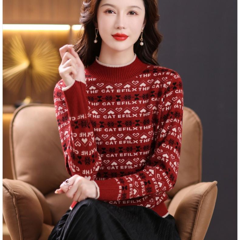 Women's Sweater Autumn and Winter Jacquard Casual Pullover Long-sleeved Loose Half Turtleneck Knitted Sweater