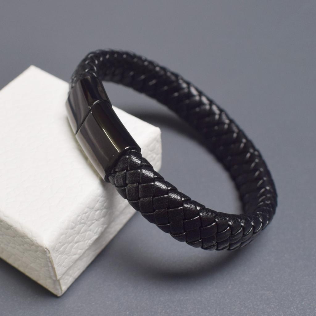 Fashion Stainless Steel Magnetic Buckle Bracelet Men Personalized Woven Wide Leather Rope Wristband Luxury Jewelry Pulseras