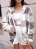 2025 Autumn/Winter Plaid Furry Hooded Zip-Up Cardigan Jacket