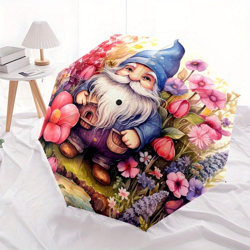 Gnome Garden Watercolor Art Print - Fantasy FloralPosterUmbrella, Portable 3-Fold Compact Umbrella for Men & Women Gift