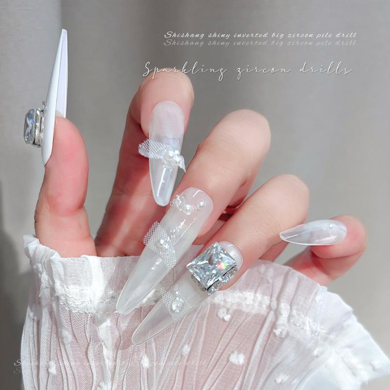 White Cubic Zirconia Stacked Rhinestone Manicure Ornaments - Handmade Sparkling Rhinestone Balls & Dove Egg Decorations