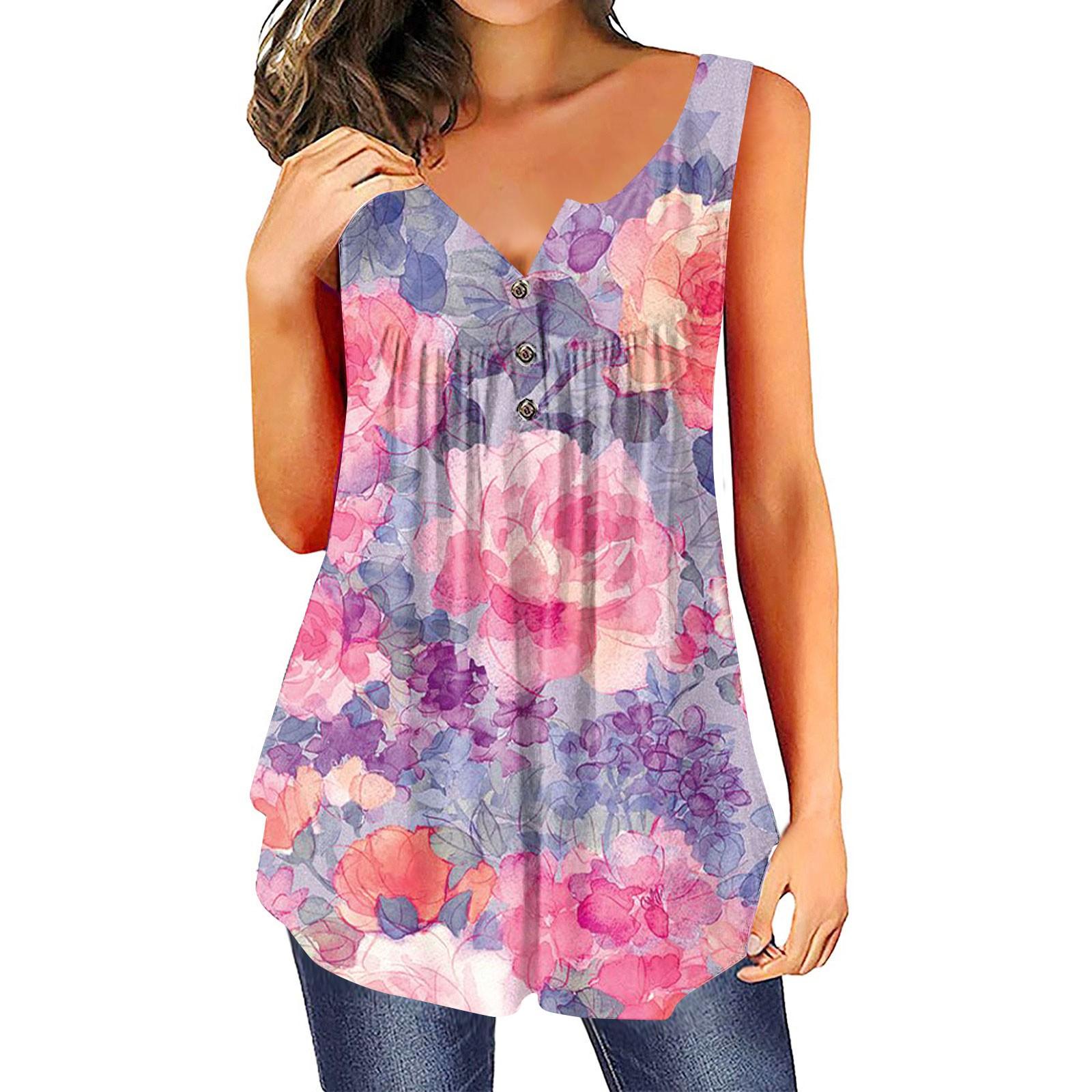 

(SU)Женские рубашки без рукавов, топы с рюшами, свободные топы, повседневные топы большого размера, плиссированные топы на пуговицах, повседневные летние топы с цветочным принтом