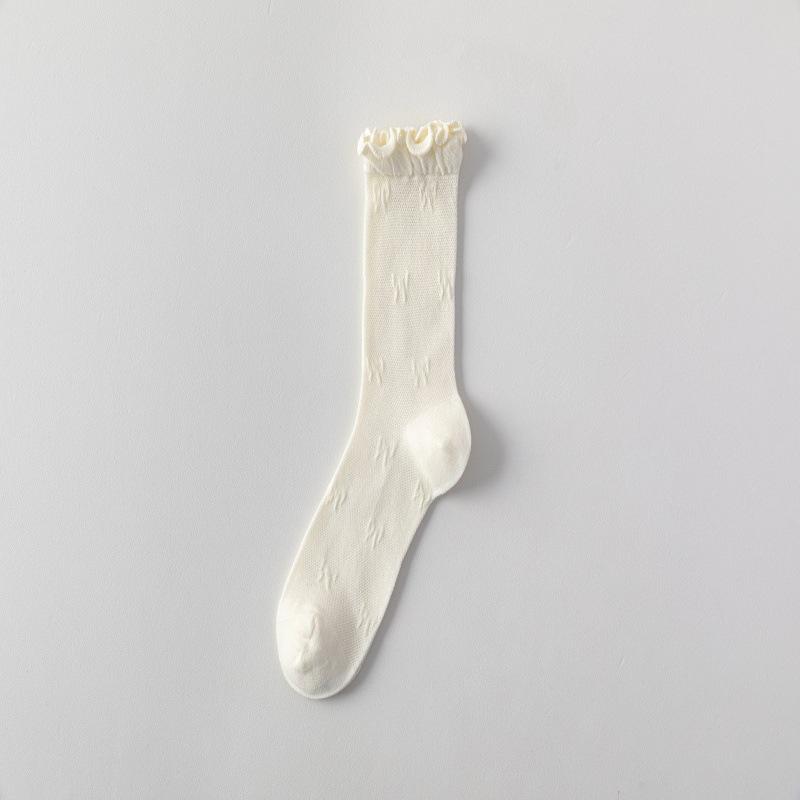 

Japanese Style Lace Mulberry Silk Ruffled Mid-Calf Socks - White JK Lolita Ins One Size