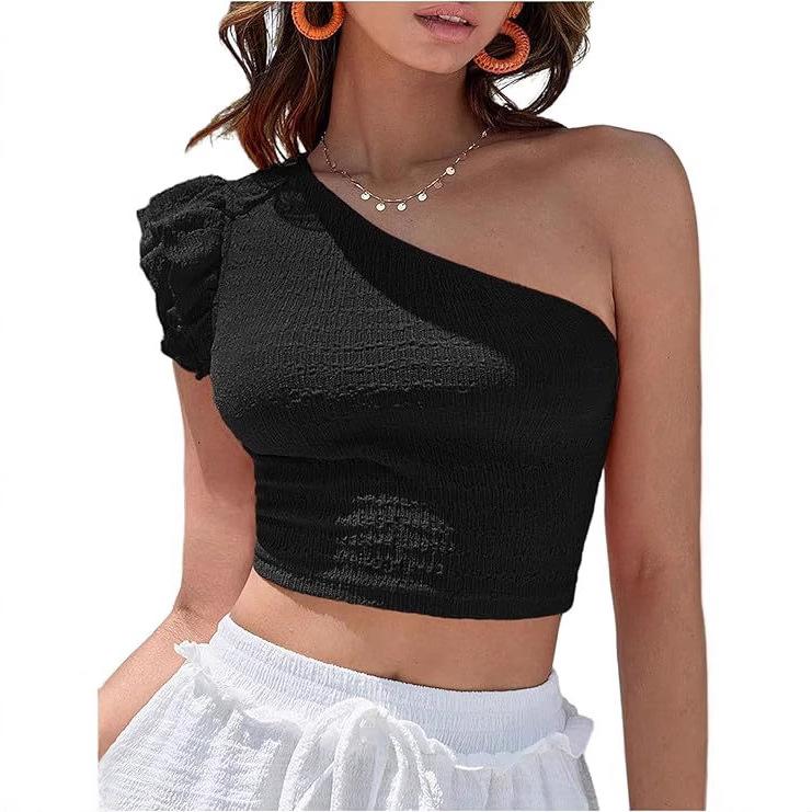 European and American New Summer Shoulder Asymmetrical Collar Fashion Solid Color Ruffle Edge Navel Short Top Women