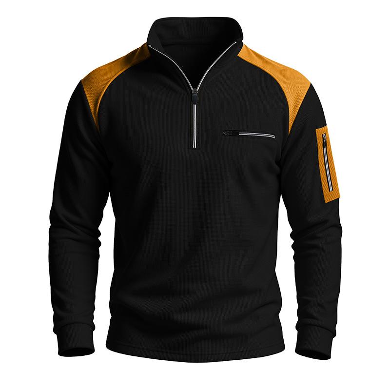 Men Waffle Knit Sweatshirt Quarter Zip Stand Collar Pullover Color Block Long Sleeve Tops Casual Streetwear Hoodie
