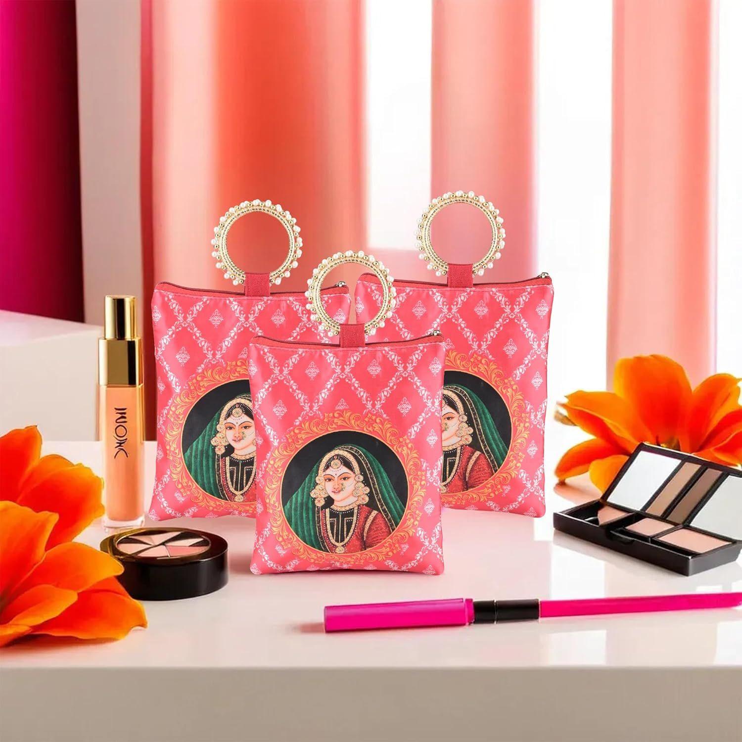 

3 Pcs Silk Small Hand Bags for Women Stylish with Zip & Handle | Traditional Handheld Bags for Women | Ethnic Ladies Purse Handbag for Return Gifts