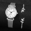 2PCs/Set Fashion Women's Watch Casual Mesh Strap Round Dial Quartz Watch with Leaf Shaped Bracelet(Box Not Include)
