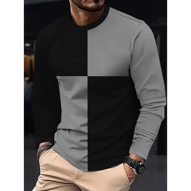 Men's Checkerboard Splicing Long Sleeved Trendy Round Neck T-shirt