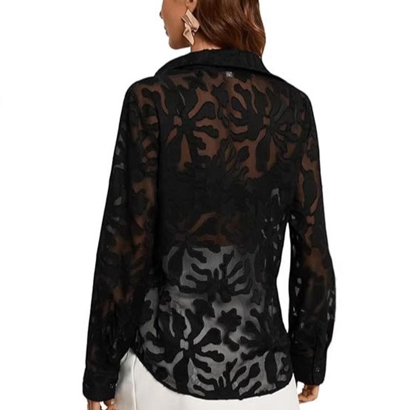 Ladies Summer Long Sleeve V Neck Mesh Jacquard Semitransparent Shirt Top