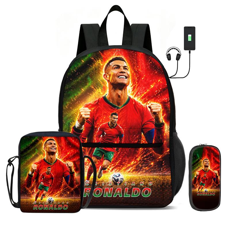 Learn, Travel Football Sport Rucksack Ronaldo 3 Pcs Set Kids Backpack Shoulder Bag, Pencil Bag, Football Star Knapsack