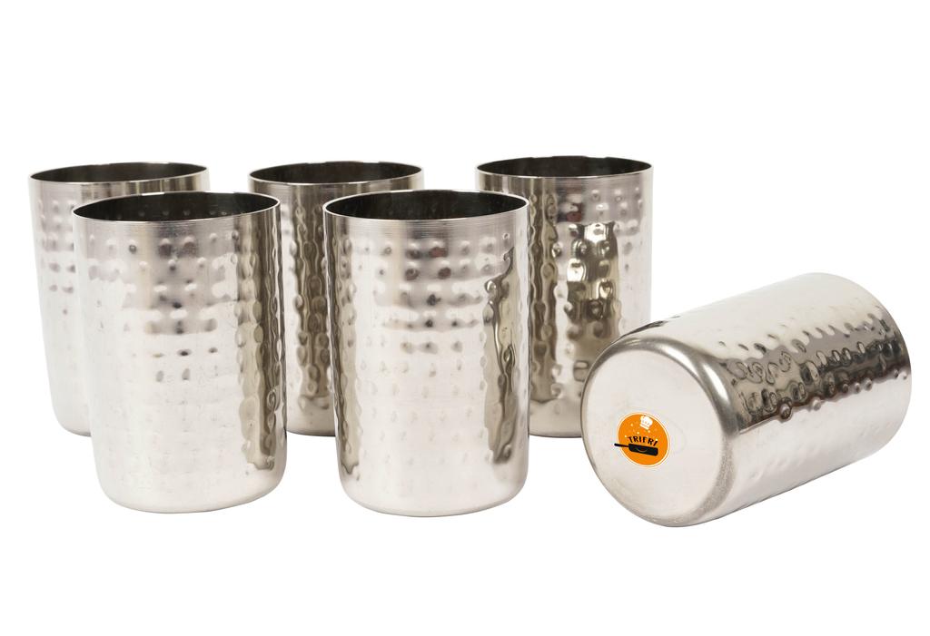 Trifri Stainless Steel Silver Hammered Design Glasses Premium Metal Drinking Tumbler Set Of 6, Great For Everyday Use