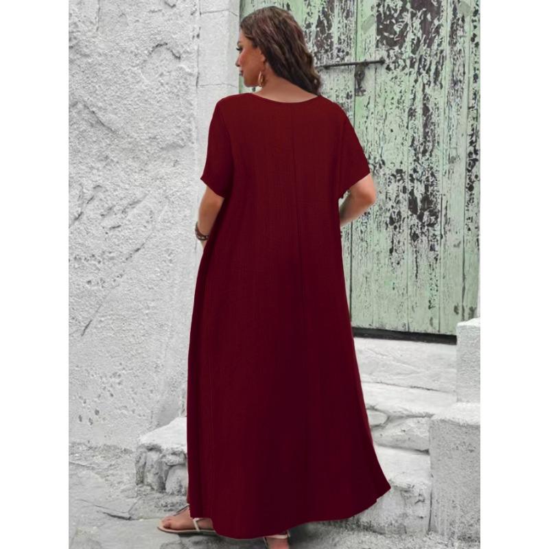 Plus Size Women V Neck Short Sleeve Loose A Line Long Dress With Pockets