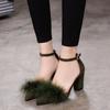 Spring new thick high-heeled side empty suede pointed head sexy and thin one-word buckle with fluffy sandals women