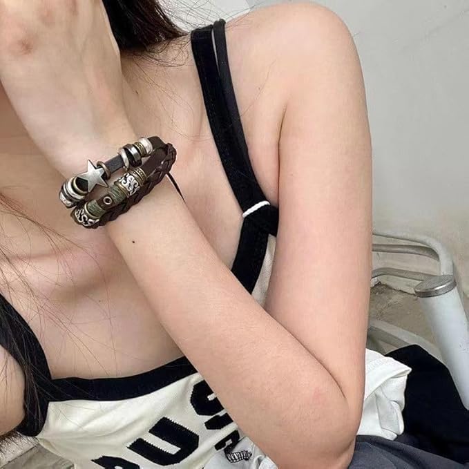 Vintage Bohemian Hippie Elf Rock Leather Wrap Wrist Wide Bracelet Dark Coffee