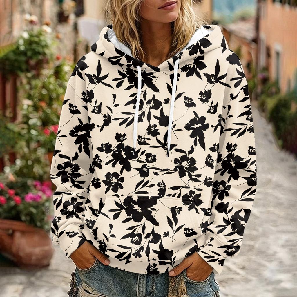 Women's Floral Print Long Sleeve Hoodie with Pocket and Casual Pullover Sweatshirt
