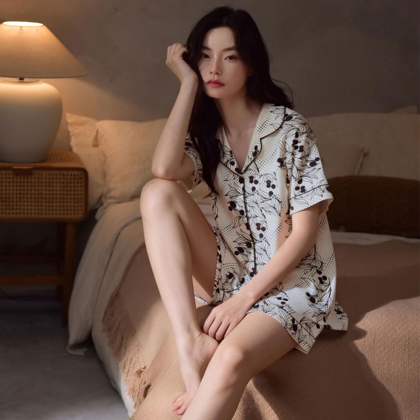 Women s Ice Silk Cool Short Sleeve Pajama Set M