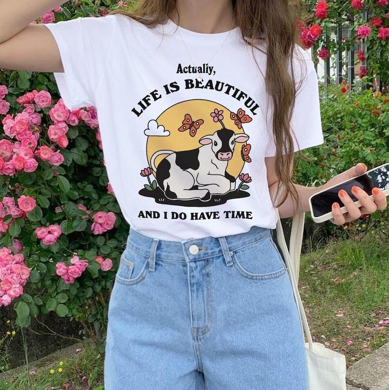 Cute cartoon cow print pattern casual short sleeved Tshirt retro street daily versatile summer Womens Tshirt S