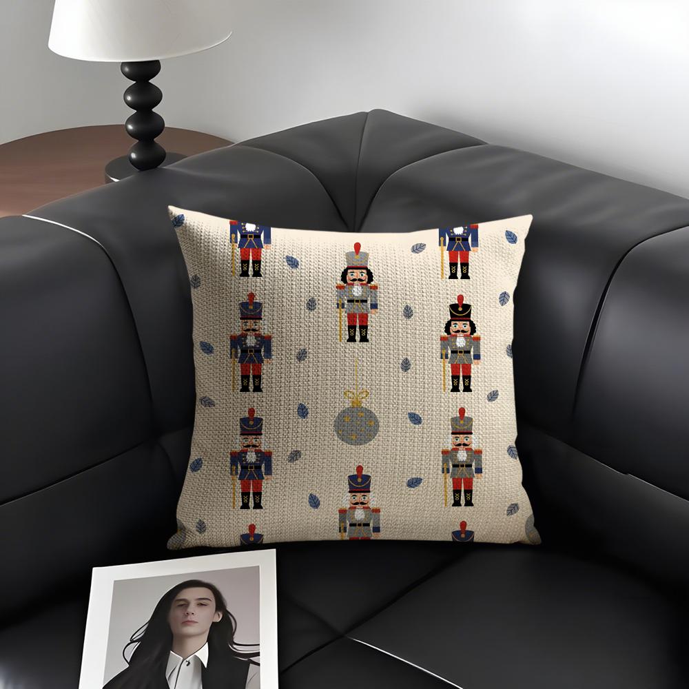 Nutcracker Soldier Christmas Cushion Cover Natural Linen Organic Fabric DoubleSided Printing Sofa Home Decor Gift Pillow Case