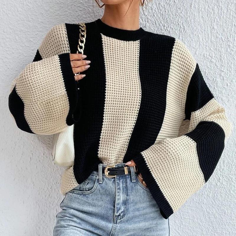 Damski Sweter Dzianinowy Casualowy w Paski Patchworkowy Okrągły Dekolt Rozszerzane Długie Rękawy Luźny Modny Dzianinowy Top Casualowy Wszechstronny Miękki Stylowy Sweter Dzianinowy Płaszcz