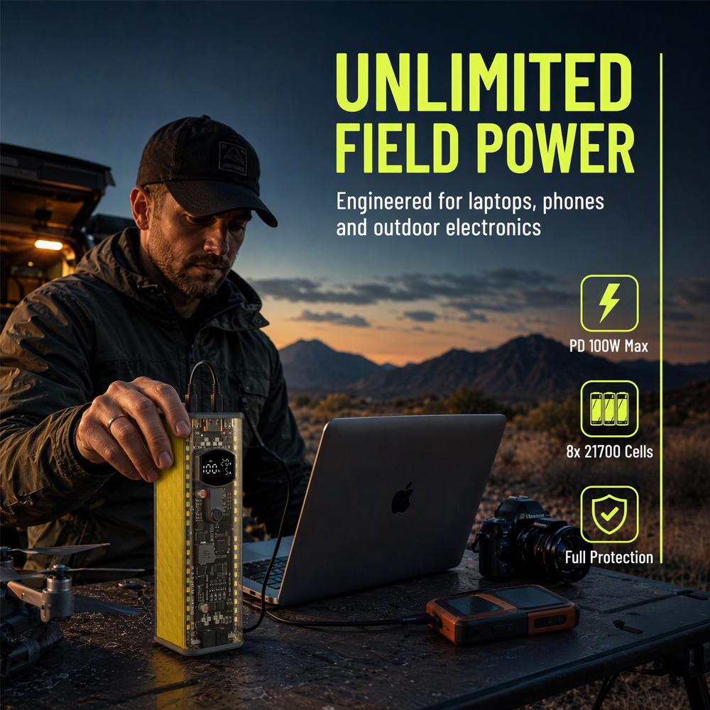 PD100W Transparent Power Bank Case 8* 21700 Batteries Solder-Free Design 100W Fast Charging for Laptops and Smartphones
