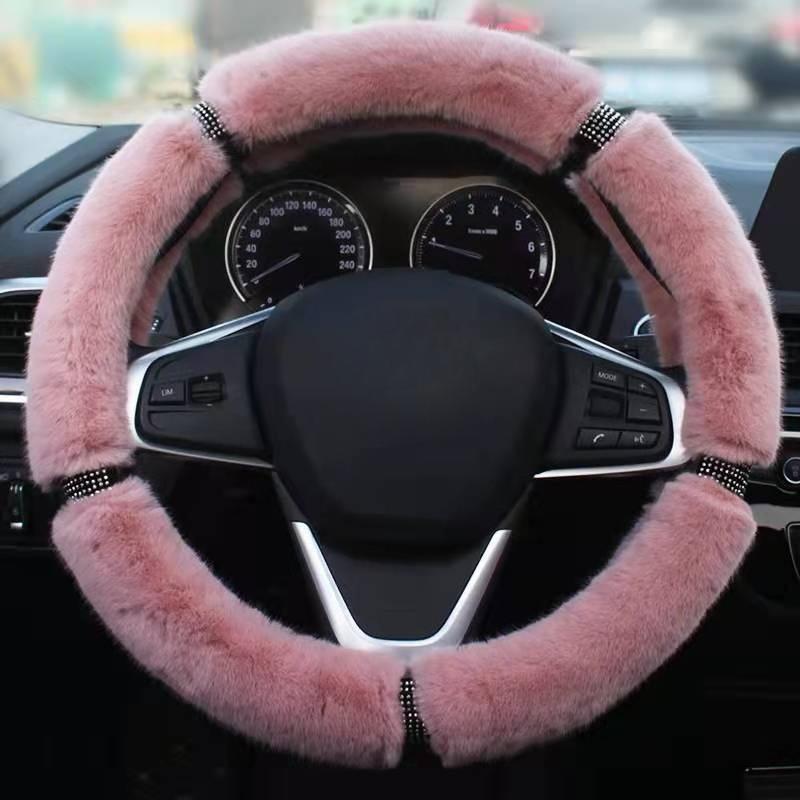 38cm Imitation Mink Fur Car Steering Wheel Cover Warm Plush with Rhinestones Elastic Handle Warmth Luxury Steering Covers