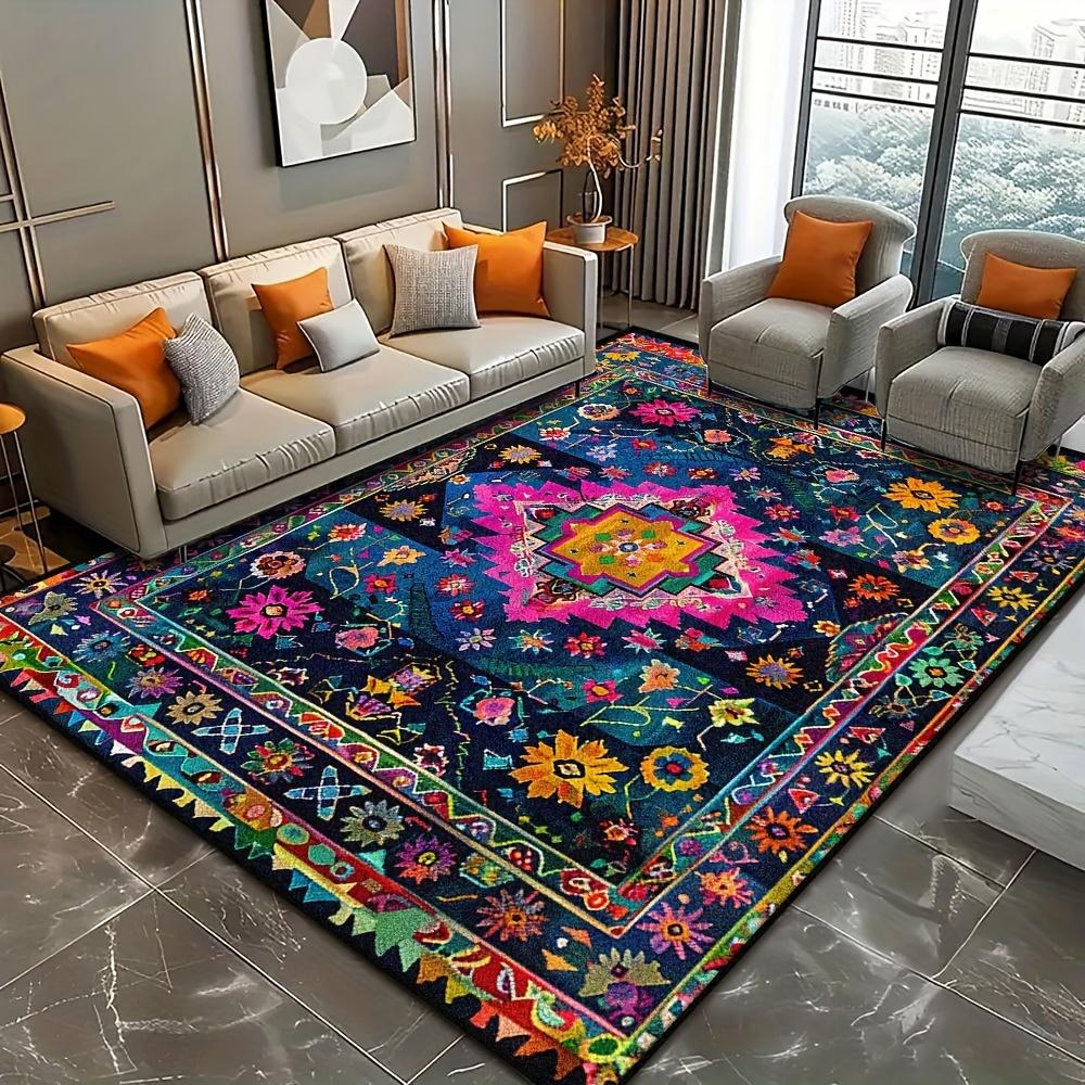 Luxurious Colorful Bohemian Persian-Inspired Mat Stain Resistant Machine Washable Polyester Mat Indoor Outdoor Large Area Mat