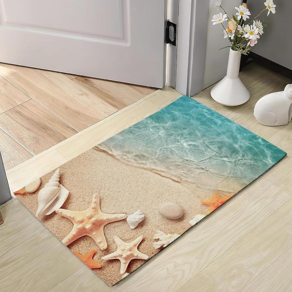 Colorful Beach Seashell Pattern Welcome Door Mat Ocean Theme Entrance Rug Non-slip Water Absorbent Home Decor Carpet for Doorway