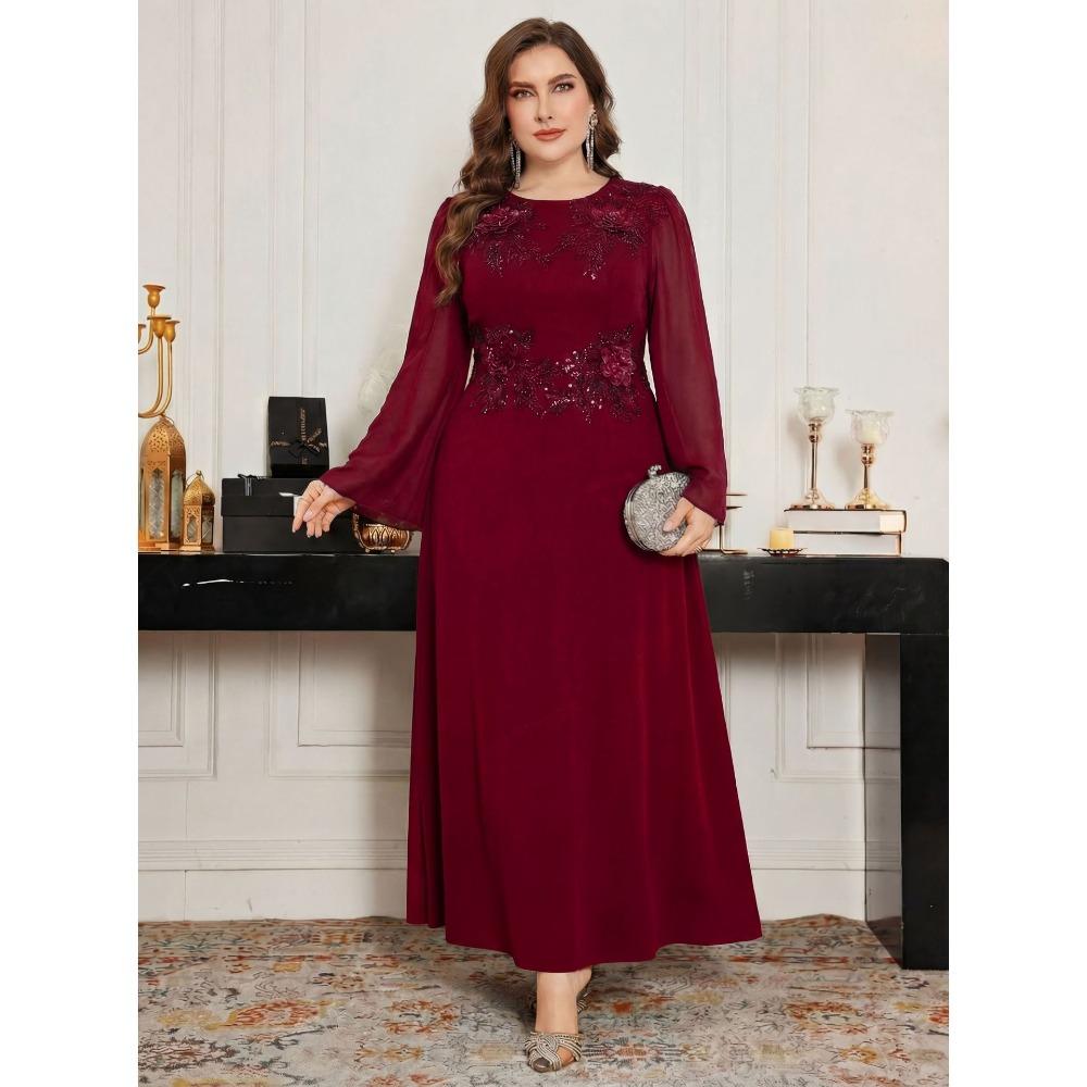 Plus Size Elegant Round Neck Beaded Embroidered Sequin Evening Gown Formal Wedding Party Bridesmaid Dress