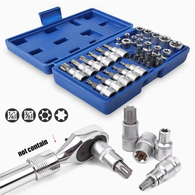 Complete 34Pieces 3/8'' Drive Socket and Bit Kit Male / Female with Storage Box for Home Repairs and Professional Use