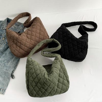Fashion Rhombus Messenger Bag Simple Solid Color Autumn and Winter Cotton Clothes Shoulder Bag Trendy Casual Student Tote Women's Bag