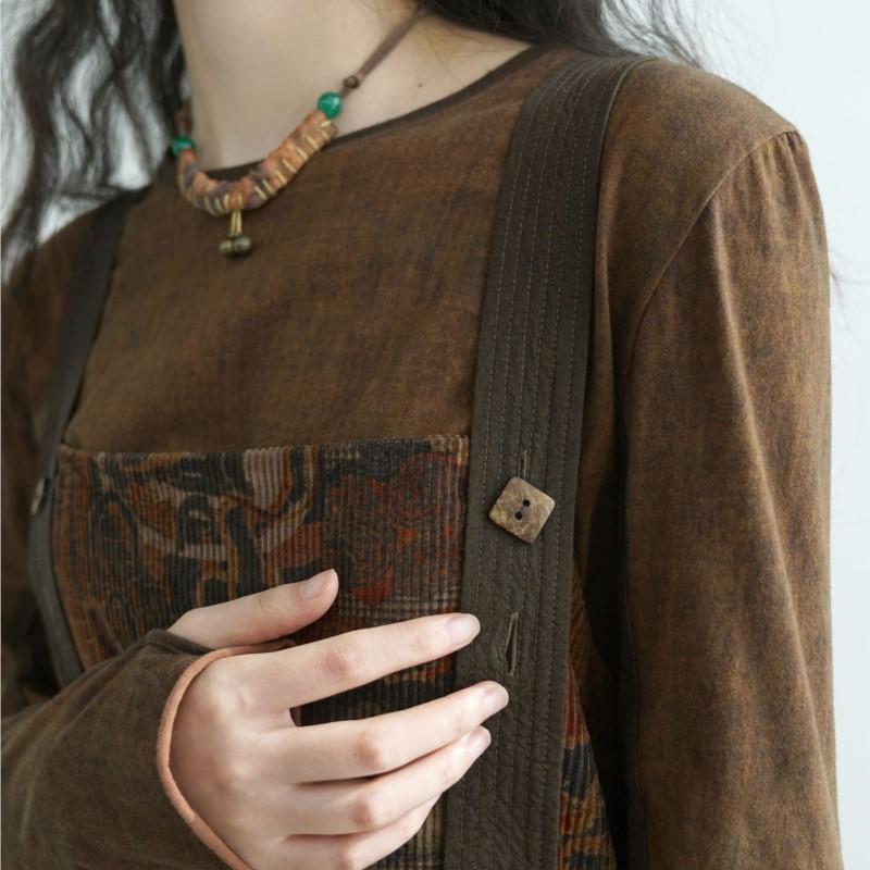 Johnature Women Vintage Dresses Print Floral Spring Patchwork Chinese Style High Quality Dress