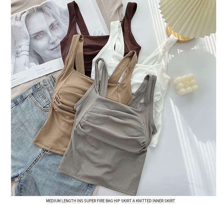 Korean Ruffled Spaghetti Strap Women's Tank with Chest Pads - Sexy Backless Slimming Base Layer