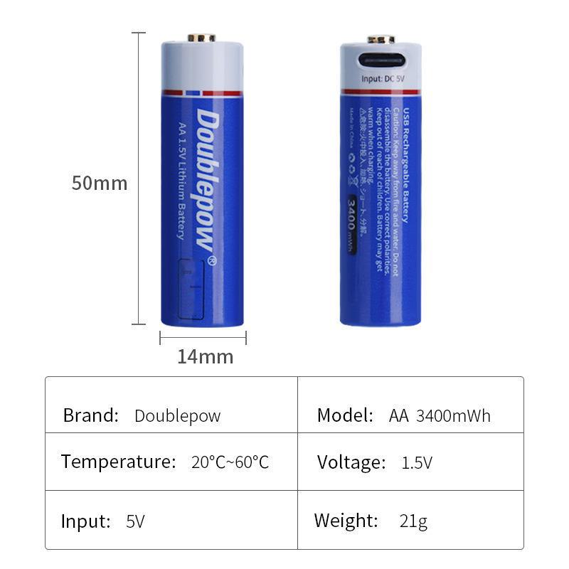 Pack of Double No. 5 Rechargeable Lithium Batteries, 1.5V, Fast-Charge.