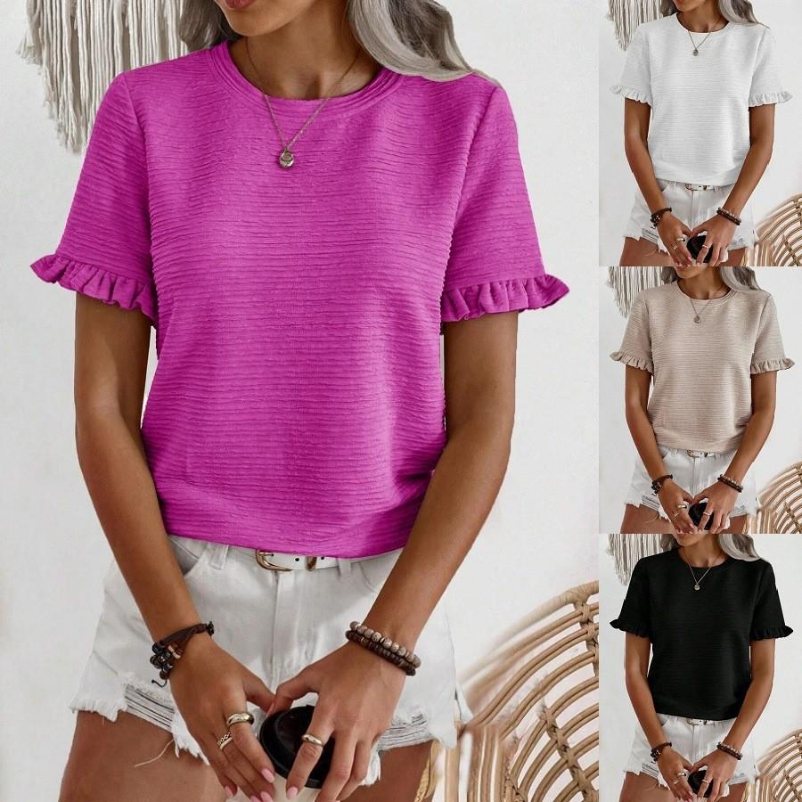Elegant Spring Summer Womens T Shirt With Ruffle Sleeve Made From Polyester For Office Wear