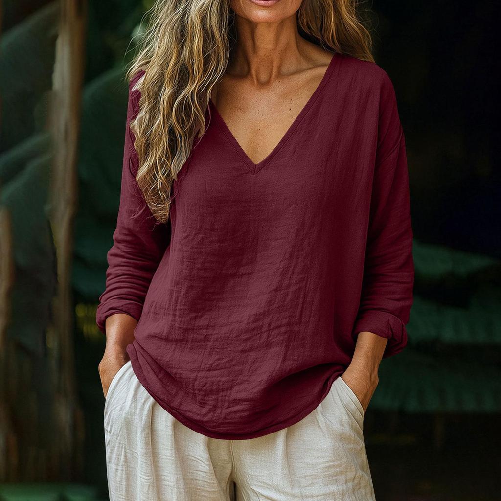 Spring 2026 Women's Casual Loose V-Neck Cotton Linen Long Sleeve Top