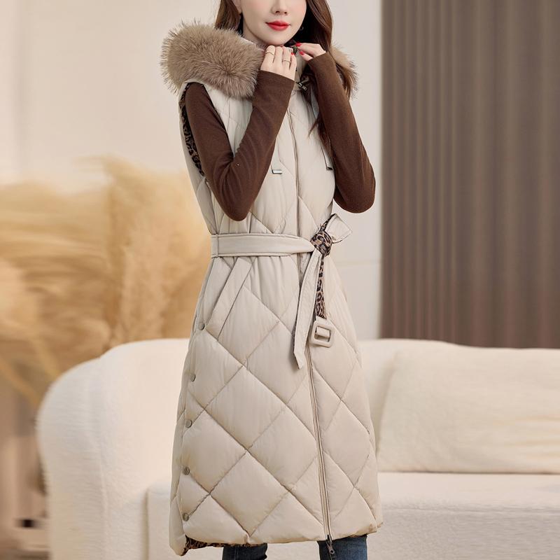 

Модный зимний женский длинный теплый жилет с капюшоном и воротником из искусственного меха, двусторонний, толстый, без рукавов, парки, женские куртки с поясом L бежевый