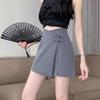 High Waist Chinese Style Midi Skirt with Irregular Frog Closure and Slit - Women's Summer Slimming A-Line Skirt Pants