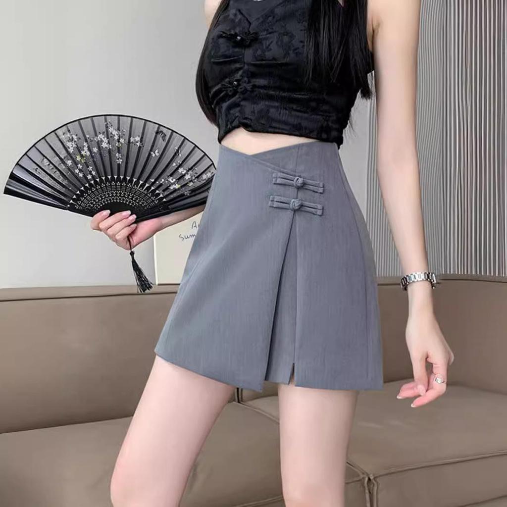 High Waist Chinese Style Midi Skirt with Irregular Frog Closure and Slit - Women's Summer Slimming A-Line Skirt Pants