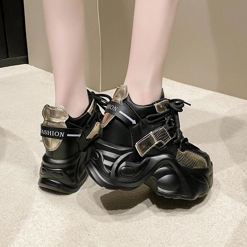 9.5CM High Heels Autumn New Chunky Sneakers for Women Platform Sports Breathable Mesh Shoes Woman Lace-up Thick Bottom Dad Shoes