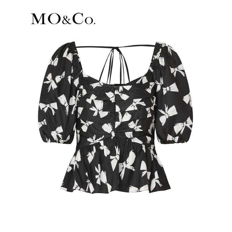 MO&Co. Bowknot Print Ruched Backless Puff Sleeve Crop Top