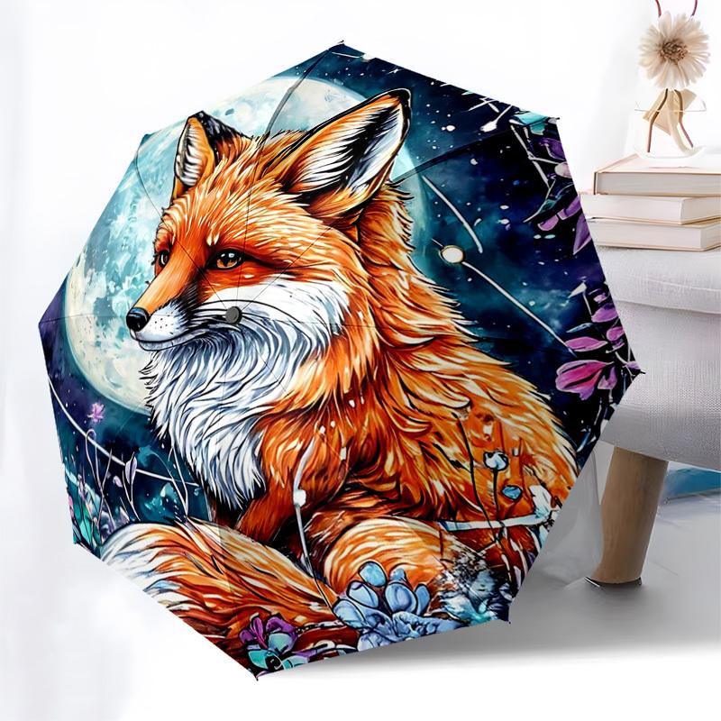 1pc Magical Fox Moonlit Night Auto Open Close Umbrella - Portable 3-Fold Design with Iron Frame, Outdoor, Gift for Fans, Travelers & Daily Use.SS092