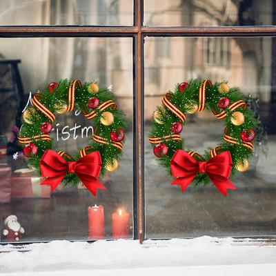 Christmas Window Clings Large Christmas Wreath Decals with Bow Bells Balls Xmas Static Stickers for Glass Holiday Home Office Stores Decor