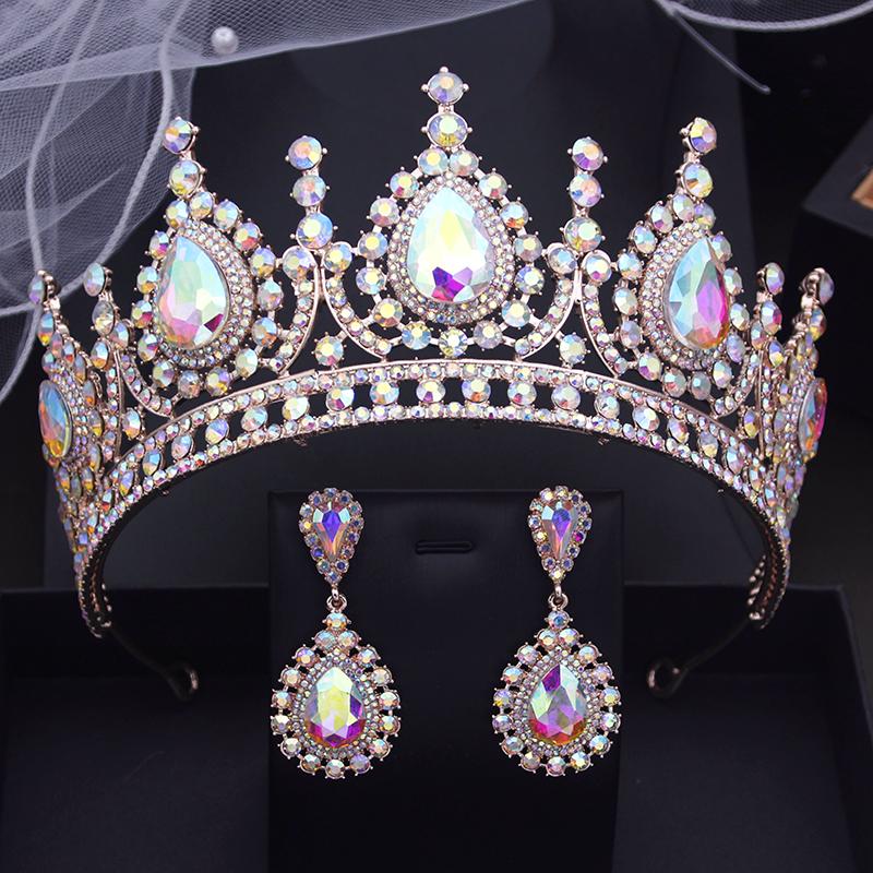 Baroque Headdress Royal Queen Bridal Crown Sets Purple Champagne Tiaras Earrings Pageant Wedding Jewelry Sets Accessories