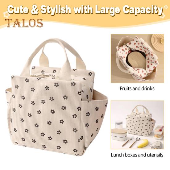 Corduroy Lunch Bag with Handle Waterproof Large Capacity Reusable Insulated Lunch Box Water Bottle Holder with Side Pockets