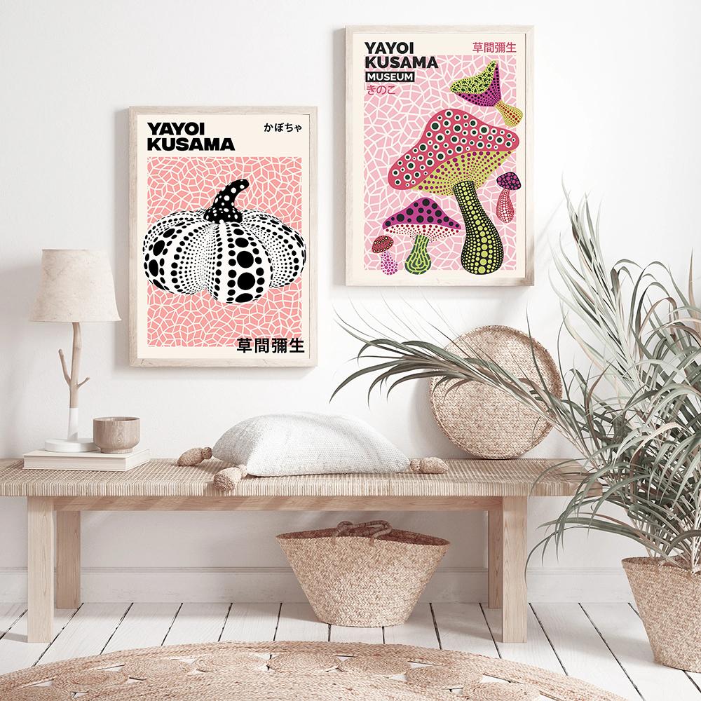 Yayoi Kusama Exhibition Poster Mushrooms Pumpkin Print Wall Decoration Japanese Vintage Canvas Painting Home Decor