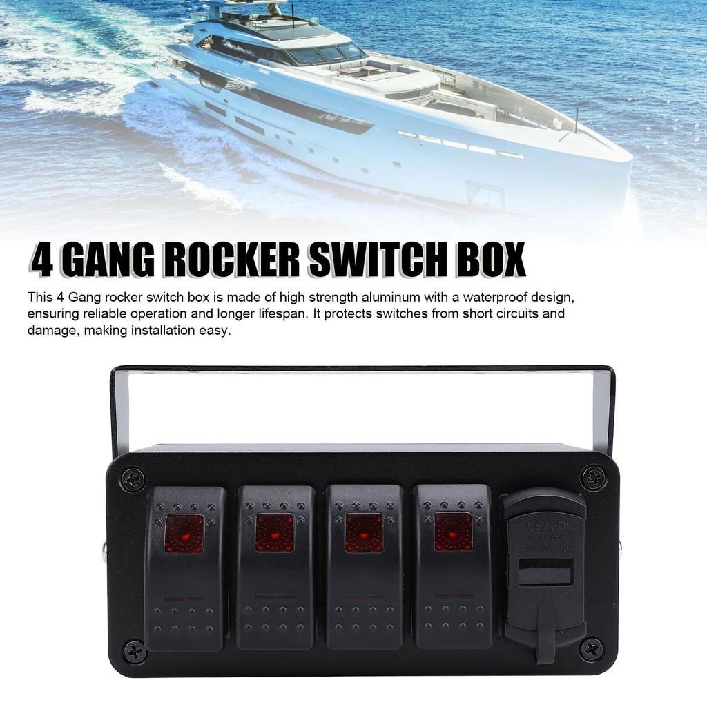 4 Gang Rocker Switch Box, 24V PD Type C and QC 3.0 USB
